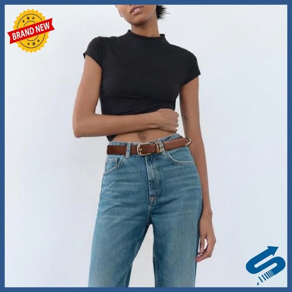 Faux Leather Belt with Gold Buckle 7 Holes Adjustable Fit